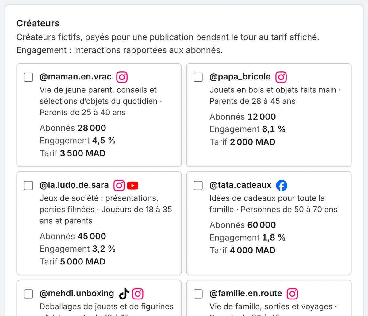 Le module Partenariats d’influence de Meta Ads dans le jeu : le catalogue de créateurs fictifs, chacun avec son pseudo, son réseau, son thème, son audience, son nombre d’abonnés, son taux d’engagement et son tarif par publication, et une case pour le retenir.