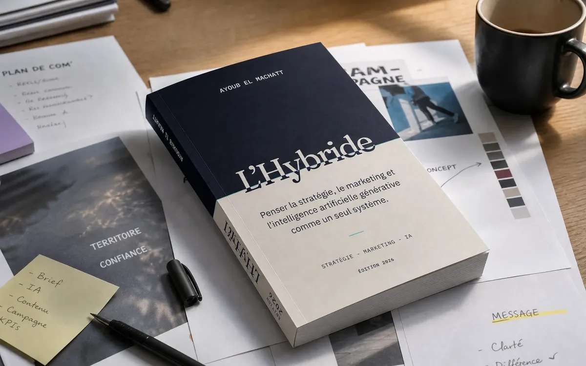 The book L’Hybride by Ayoub El Machatt lying on a desk, among annotated worksheets, a colour chart, a sticky note and a mug.