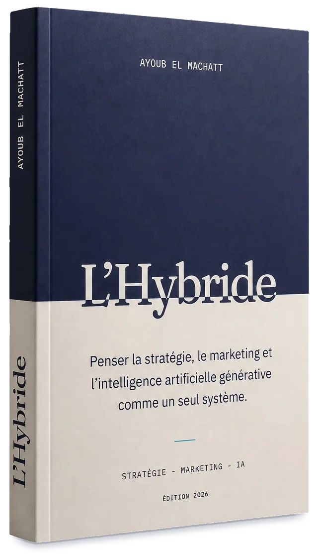 Le livre L’Hybride d’Ayoub El Machatt, debout, vu de trois quarts. Couverture bleu nuit et crème, avec le sous-titre « Penser la stratégie, le marketing et l’intelligence artificielle générative comme un seul système ».